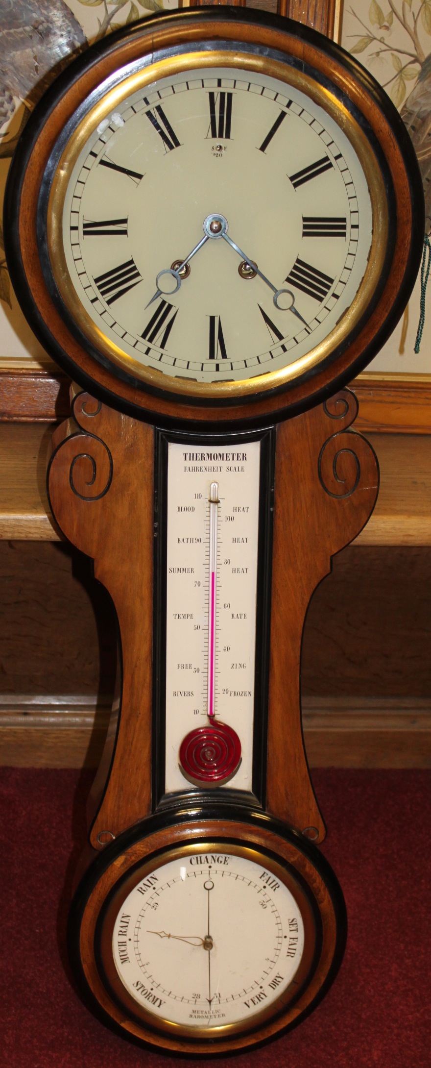 LARGE MAHOGANY WALL CLOCK/ BAROMETER